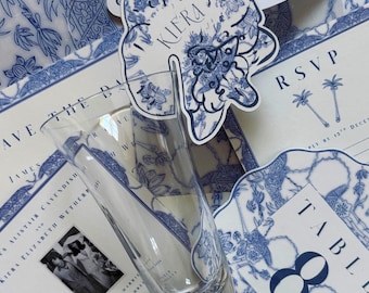 Cobalt Blue Orchid Wedding Glass Name Tags | Cocktail Drink Tags (Editable Canva Template)