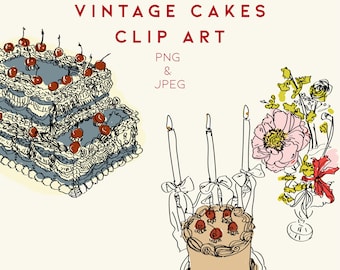 Vintage Cake Clipart Set | Hand Drawn Retro Dessert Illustrations | PNG and JPEG