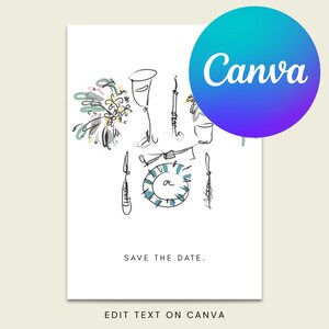 Op de afbeelding: Een witte kaart met een handgetekende illustratie van een tafelsetting, inclusief een bord, bestek en een wijnglas. De tekst "SAVE THE DATE" staat eronder, met het Canva-logo rechtsboven.