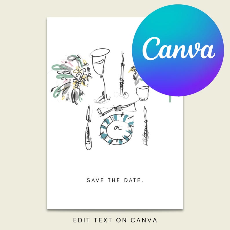Op de afbeelding: Een witte kaart met een handgetekende illustratie van een tafelsetting, inclusief een bord, bestek en een wijnglas. De tekst "SAVE THE DATE" staat eronder, met het Canva-logo rechtsboven.