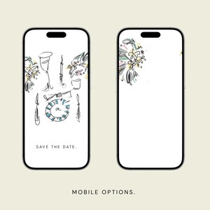 Op de afbeelding: Twee smartphoneschermen met digitale kunst. E&eacute;n scherm toont een schets van servies en bloemelementen met de tekst "SAVE THE DATE". Het andere scherm toont bloemenkunst. De zin "MOBILE OPTIONS" verschijnt hieronder.