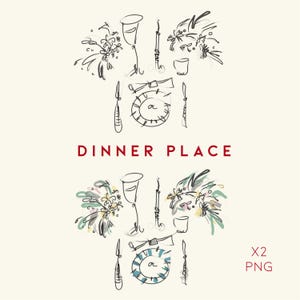 May include: Illustration of two dinner place settings with floral arrangements, wine glasses, plates, and cutlery. The text "DINNER PLACE" is in red. The image also includes "X2 PNG".