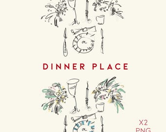 Dinner Place Setting Clipart PNG | Elegant Table Setting Watercolor Illustrations | Minimalist Dining Art