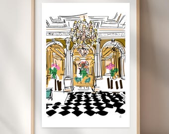 Claridge’s Lobby Sketch Print | Luxury Hotel Illustration | Elegant Interior Drawing (Digital Download)