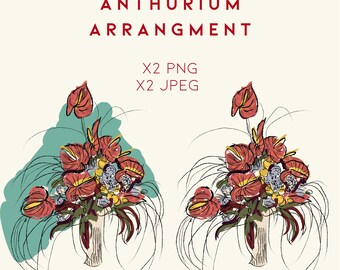 Anthurium Flower Arrangement Clipart PNG | Tropical Floral Watercolor Bouquet Illustrations