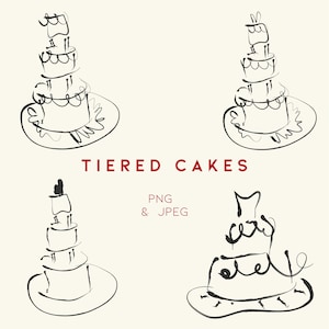 Op de afbeelding: Vier zwart-witte lijntekeningen van meerlaagse taarten op borden. De tekst "TIERED CAKES" is rood, met "PNG & JPEG" eronder. De taarten variëren in ontwerp, met meerdere lagen en decoratieve elementen.