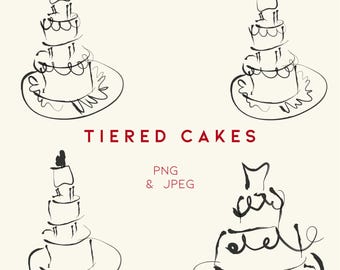 Tiered Cake Clipart Set | Hand Drawn Wedding Cake Sketches | Minimal Ink Illustrations
