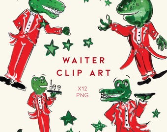 Crocodile and Frog Waiter Clipart PNG Bundle | Watercolour Server Illustrations | Funny Restaurant Clip Art