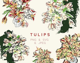 Hand Drawn Tulip Clipart | Painterly Floral Sketches, Modern Botanical Art (PNG, JPEG)