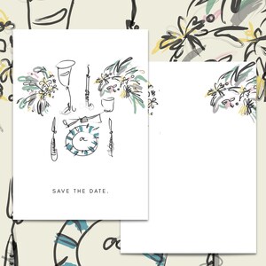 Op de afbeelding: Witte uitnodigingskaarten met een bloemenillustratie en de tekst "SAVE THE DATE." De kaarten hebben een schetsstijl ontwerp met een bord, bestek en een wijnglas. De bloemelementen bevatten groene, gele en roze accenten.