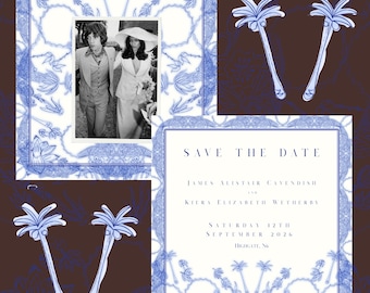Cobalt Society Save the Date | Hand Drawn Blue pattern with Photo | Luxury Chinoiserie Wedding Stationery