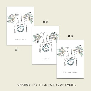 Op de afbeelding: Drie witte kaarten met minimalistische illustraties van diners. Elke kaart heeft een geschetst ontwerp van een wijnglas, bestek en bloemelementen. De tekst op de kaarten luidt "Save the Date", "Let's Eat" en "Ready for Dinner?"