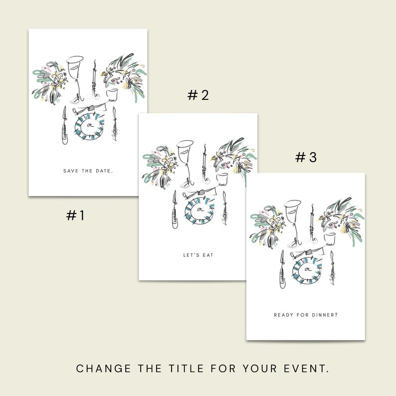 Op de afbeelding: Drie witte kaarten met minimalistische illustraties van diners. Elke kaart heeft een geschetst ontwerp van een wijnglas, bestek en bloemelementen. De tekst op de kaarten luidt "Save the Date", "Let's Eat" en "Ready for Dinner?"