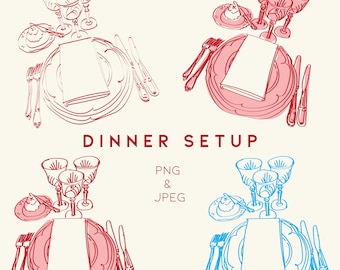 Dinner Table Clipart Set (4 Designs) | Editable Colour Line Art | PNG & JPEG | Instant Download