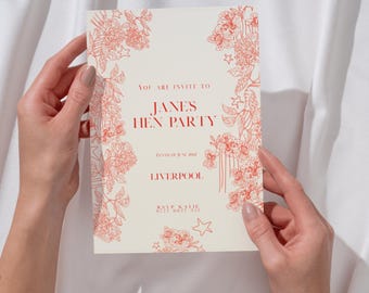 Red Floral Hen Invitation Template | Editable Canva Bachelorette Invite