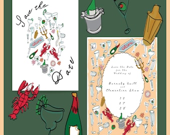 Lobster & Cocktail Save the Date | Hand Drawn Wedding Card