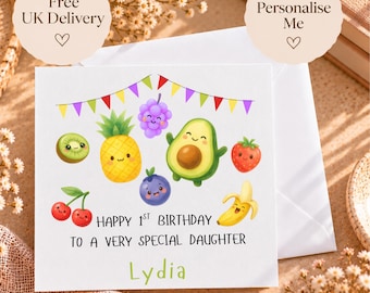 Personalised Hey Bear Inspired Birthday Card, Custom Name and Any Age, Sensory Fruit Bunting Design, Dancing Fruit Avocado Pineapple