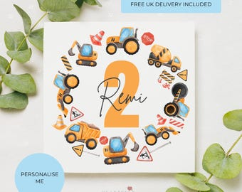 Personalised Digger Birthday Card, Bold Construction Truck Wreath Illustration, Custom Name, Age and Relation, Keepsake for Son, Grandson