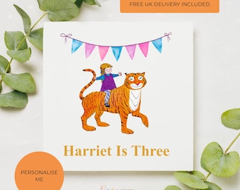Personalised Tiger and Girl Birthday Card, Custom Name and Any Age, Storybook Inspired Illustrated Design, Daughter Granddaughter Niece
