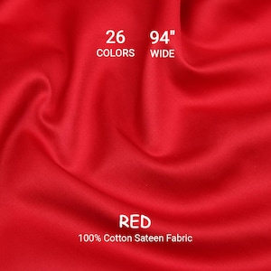 May include: Vibrant red 100% cotton sateen fabric, 94 inches wide, with the text "RED". The image also displays "26 COLORS". This fabric is suitable for various sewing and crafting projects.