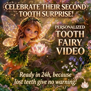 May include: A digital illustration featuring a fairy holding a glowing lotus flower with a tooth inside. Text reads "CELEBRATE THEIR SECOND TOOTH SURPRISE!" and "PERSONALIZED TOOTH FAIRY VIDEO". The image also states "Ready in 24h, because lost teeth give no warning!"