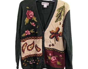 Alfred Dunner Womens Small Green Floral Embroidered Grannycore Cardigan Sweater