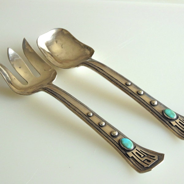 Reserved for Charles-Frank Patania Sr. Salad Servers Set of Sterling Silver Spoon Fork Serving Thunderbird Hallmark Salad Set with Turquoise