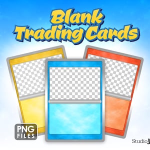 Puede incluir: Tres tarjetas de intercambio en blanco con bordes coloridos en amarillo, azul y naranja, sobre un fondo de cielo azul. Las tarjetas tienen un área transparente para imágenes y texto. Las palabras "Blank Trading Cards" están en amarillo y azul. La imagen también incluye "PNG FILES" y "StudioYesod".