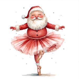 Könnte beinhalten: Aquarellillustration von Santa Claus in rotem Anzug und Hut, mit einem rosa Tutu und Ballettschuhen. Der Weihnachtsmann lächelt mit ausgestreckten Armen, und Schneeflocken sind um ihn herum verstreut. Ein skurriles Weihnachtsdesign.