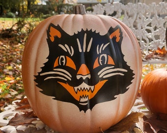 Hand-Painted Vintage Black Cat Plastic Pumpkin Halloween Decoration