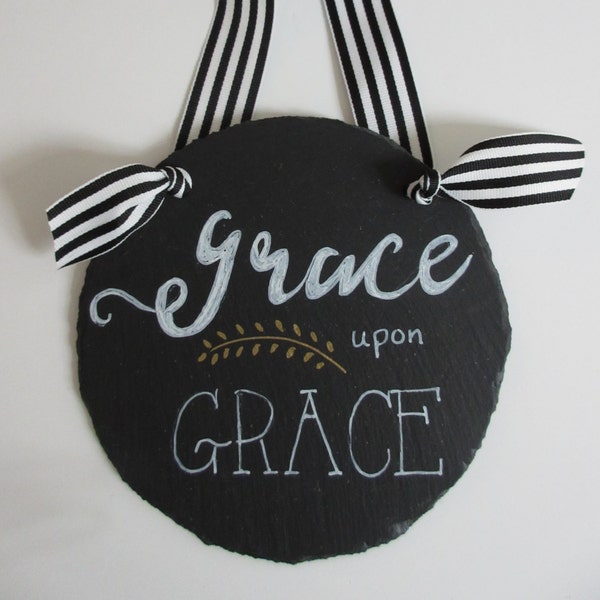 Grace upon Grace Wall Art Word Art Wall Decor - Black, White and Gold - Slate with Striped Ribbon