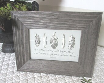 Framed Bible Verse Rustic Wood He Will Cover You with His Feather Wall Art Christian Home Psalm 91:4 Under His Wings You Will Find Refuge
