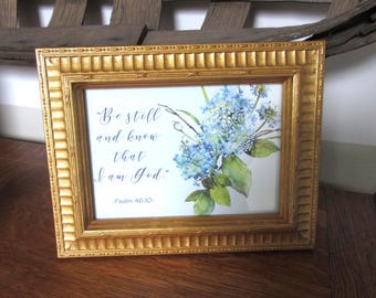 Christian WORD Art Be Still and Know | Blue Hydrangeas in Gold Frame