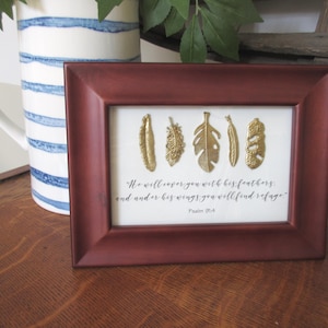 Framed Psalm 91:4 Bible Verse Art, Gold Feathers, Cherry Finish