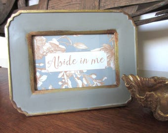 Abide in Me Christian Art: Gray Blue Toile in Painted Gold Trimmed Frame