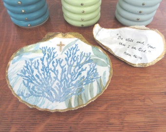 Christian Pair of Shells Ring Dish Painted Decoupaged Hand-Lettered Shells Gold White Aqua Shells Be Still and Know Beach Cottage Decor