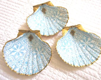 Decoupaged Scallop Shell Ring Dish: Aqua Coastal Decor with Gold Cross, Valentines Gift