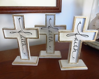 Wooden Faith Cross Chippy Paint White Black and Gold or Silver Easter Cross Small Cross Baptism Cross Christian Home Decor