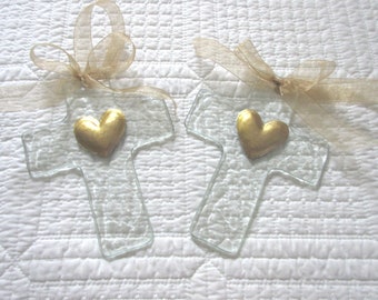 Christian Clear Glass with Gold Heart and Sheer Gold Ribbon Small Cross Ornament Easter Christmas Cross