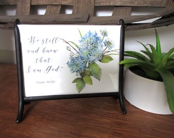 Christian WORD Art Be Still and Know | Blue Hydrangeas in Black Iron Frame