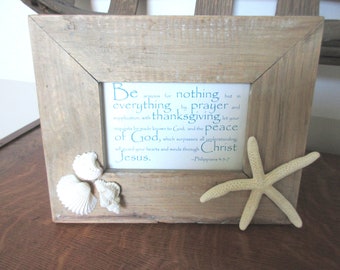 Christian Beachy Coastal WORD Art Be Anxious for Nothing Vintage Distressed Rustic Neutral Frame Phil 4:5-7