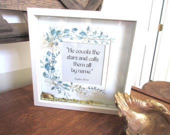 Eucalyptus Shadowbox Art - Psalm 147:4 Christian Home Decor