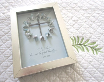 Christian Shadowbox Frame Silver Aqua Paper Eucalyptus Origami Hearts Valentines Anniversary Wedding We Love Because He First Loved Us