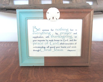 Christian Beachy Coastal WORD Art Be Anxious for Nothing Vintage Blue Brown Frame Phil 4:5-7