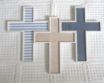 Wooden Cross Wood Cross Christian Wall Decor Nursery Decor Beach Decor Ticking Stripe Light Burlap Denim Blue Boho Beachy Nursery