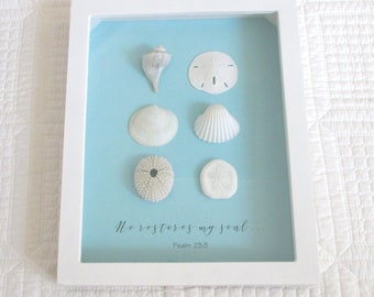 Christian Home Decor White Shadowbox Frame with Aqua Shell Art He Restores My Soul Sand Dollar Sea Biscuit Scallop