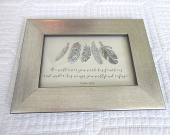 Framed Bible Verse He Will Cover You w/ His Feathers Wall Art Christian Home Psalm 91:4 Under His Wings You Will Find Refuge Brushed Silver