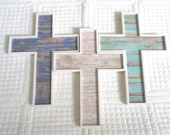 Wooden Cross Wood Cross Rustic Christian Wall Decor Nursery Decor Beach Decor Blue Brown Green Wood eadboard Cross Rustic Boho Nursery