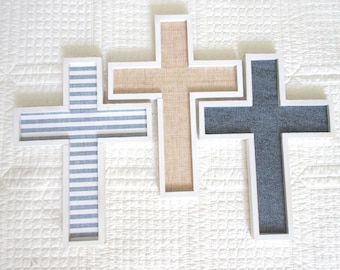 Wooden Cross Wall Decor: Burlap, Denim, Ticking Stripe