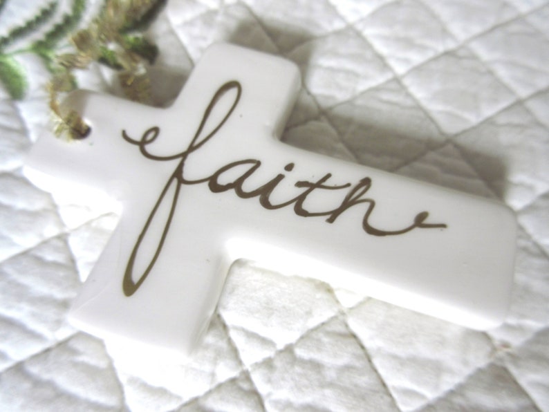 Christian Porcelain Faith Cross Ornament White and Gold Ceramic Porcelain Cross Ornament Faith Cross Gold Cross Small Cross Ornament image 2